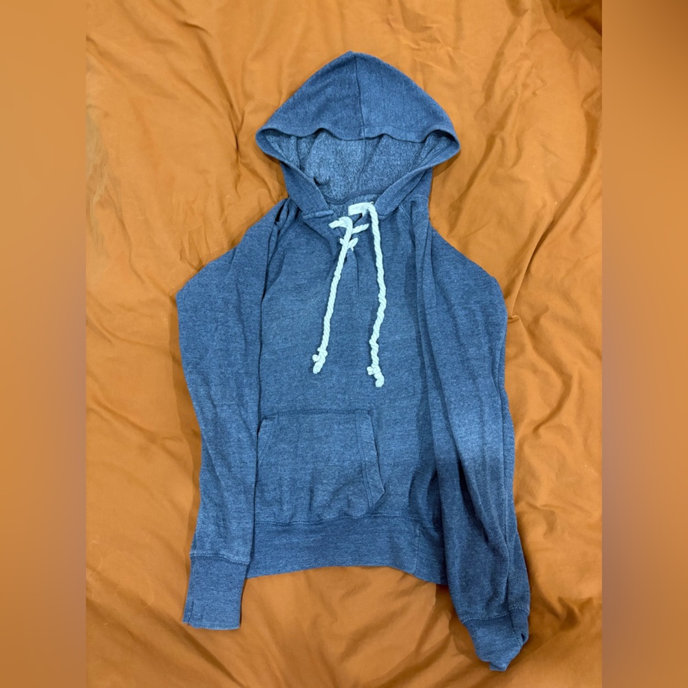 Blue Hoodie with White Drawstrings
